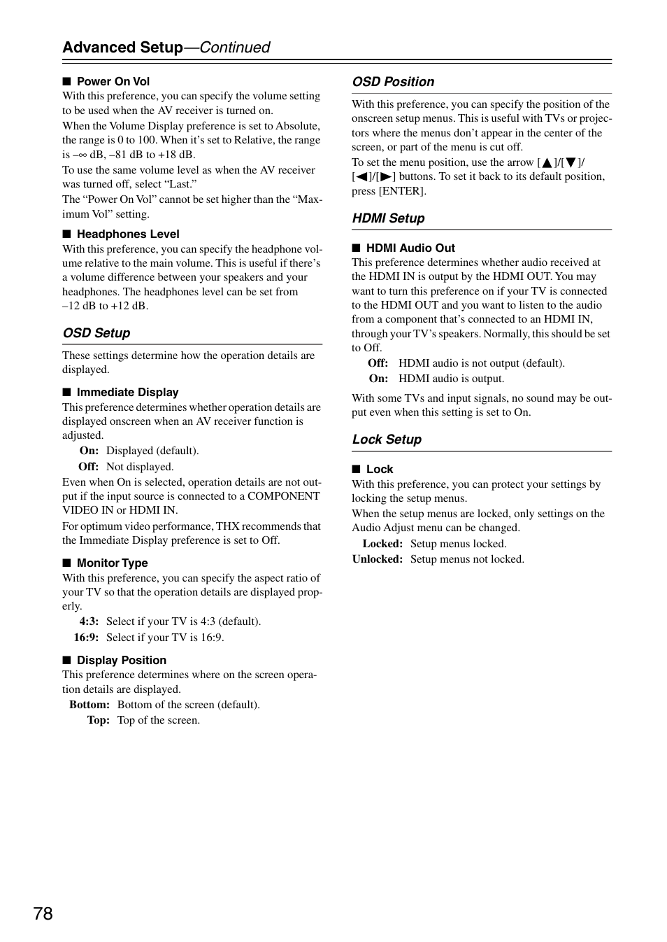 P.78, Advanced setup —continued | Onkyo TX-SR804 User Manual | Page 78 / 96