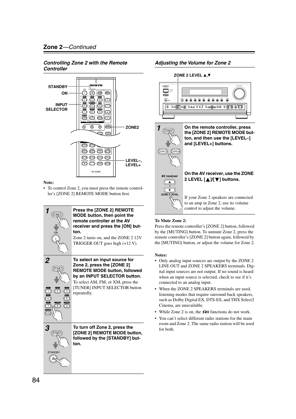 Uttons (84), Utton (84), Zone 2 —continued | Controlling zone 2 with the remote controller, Adjusting the volume for zone 2 | Onkyo TX-SR804 User Manual | Page 84 / 96