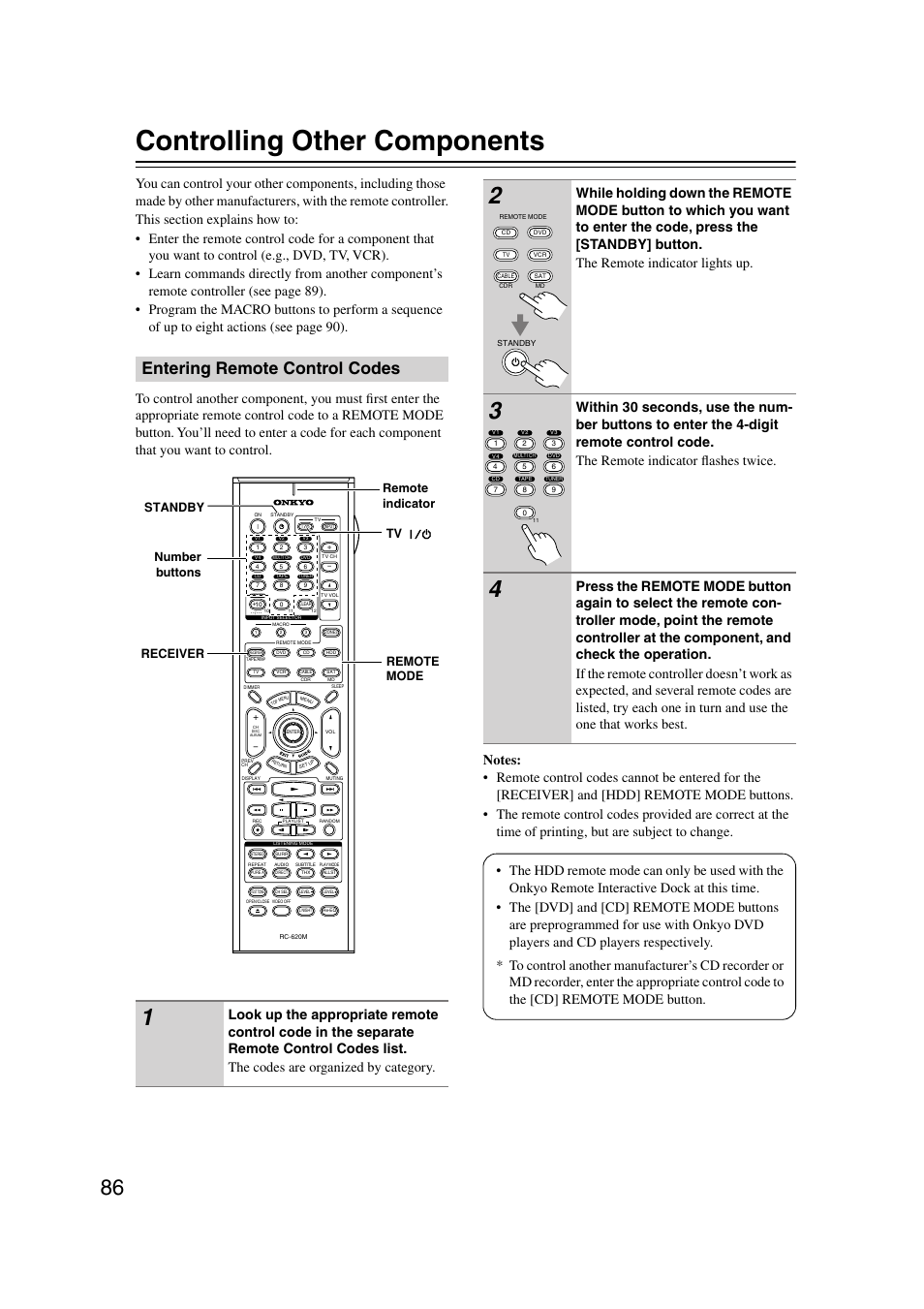 Controlling other components, Entering remote control codes | Onkyo TX-SR804 User Manual | Page 86 / 96