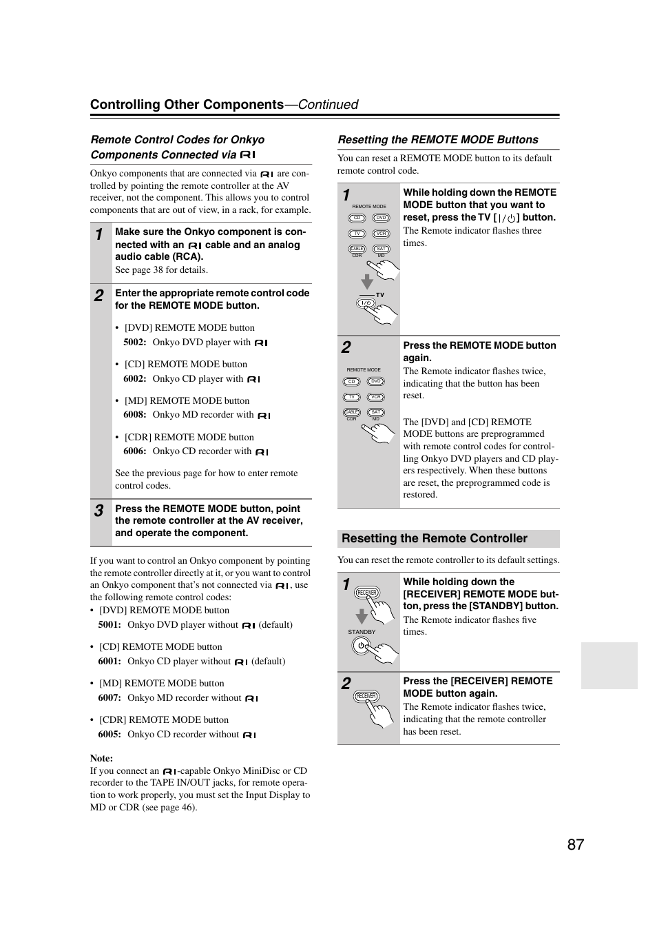 Resetting the remote controller, Controlling other components —continued | Onkyo TX-SR804 User Manual | Page 87 / 96
