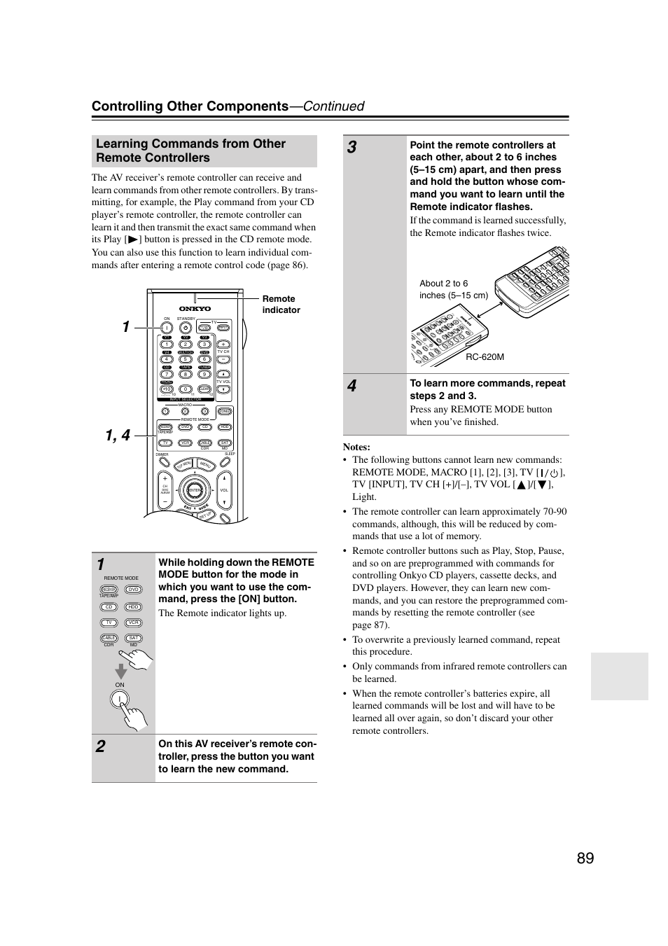 Learning commands from other remote controllers, Learning commands from other remote, Controllers | Controlling other components —continued, Remote indicator | Onkyo TX-SR804 User Manual | Page 89 / 96