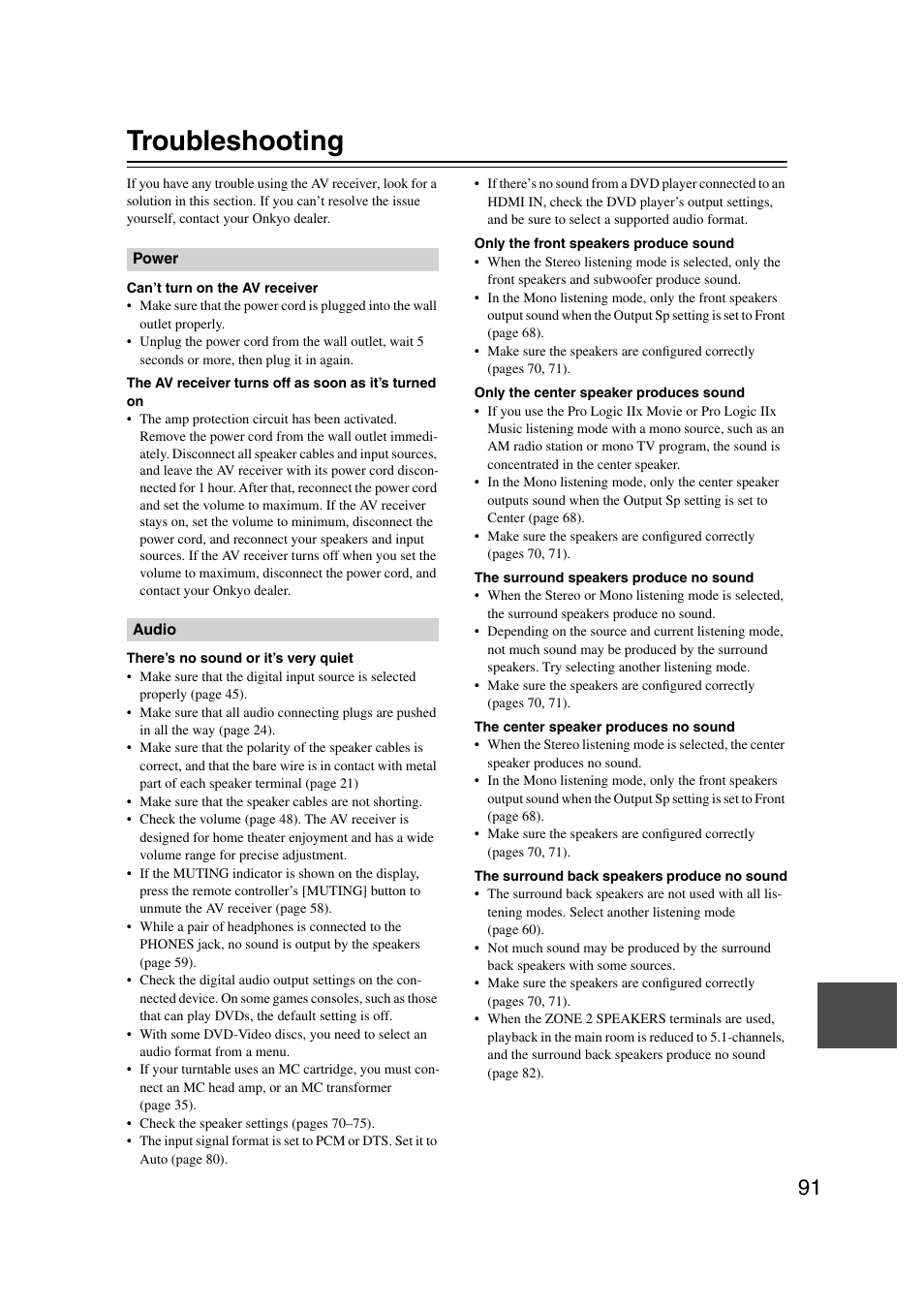 Troubleshooting | Onkyo TX-SR804 User Manual | Page 91 / 96