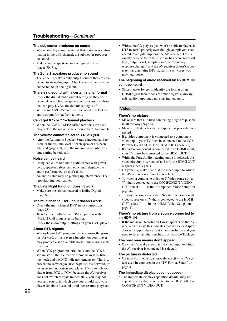 Troubleshooting —continued | Onkyo TX-SR804 User Manual | Page 92 / 96