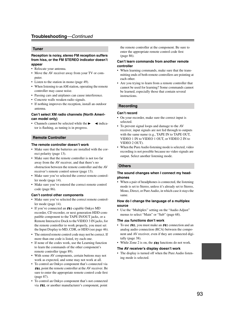 Troubleshooting —continued | Onkyo TX-SR804 User Manual | Page 93 / 96