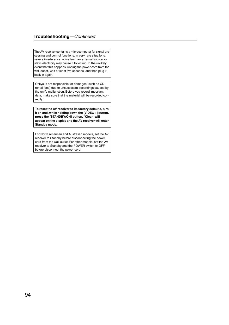 Troubleshooting —continued | Onkyo TX-SR804 User Manual | Page 94 / 96