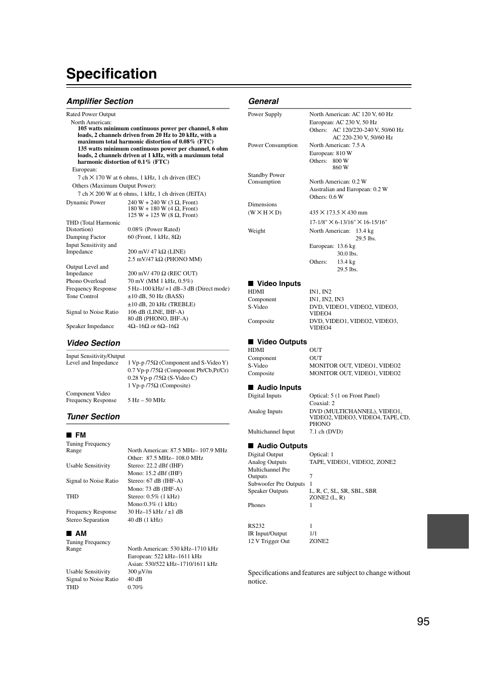 Specification | Onkyo TX-SR804 User Manual | Page 95 / 96