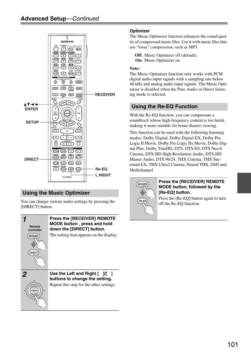 Using the music optimizer, Using the re-eq function, Using the music optimizer using the re-eq function | Advanced setup —continued | Onkyo PR-SC886 User Manual | Page 101 / 134