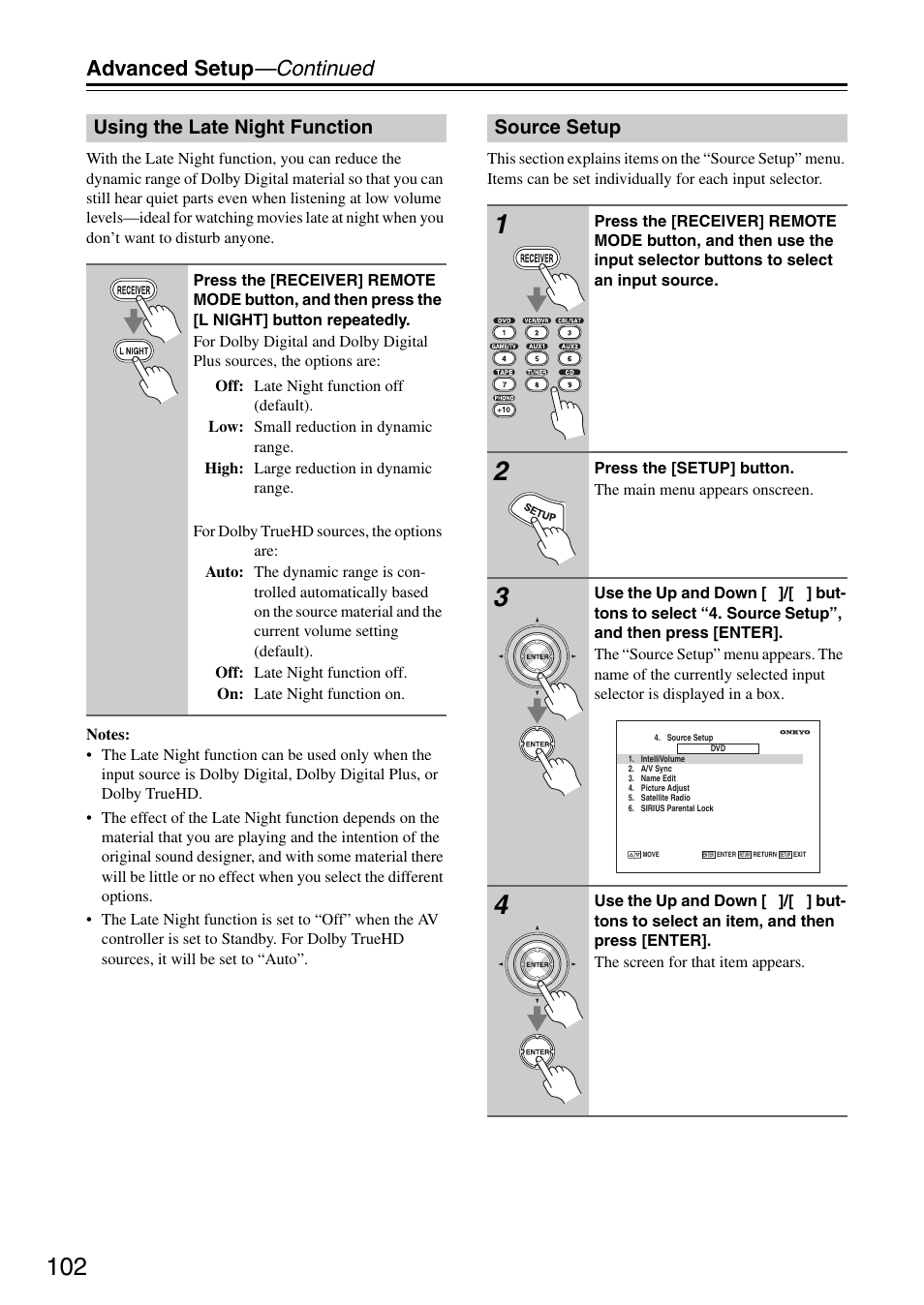 Using the late night function, Source setup, Using the late night function source setup | Es 102–1, Advanced setup —continued | Onkyo PR-SC886 User Manual | Page 102 / 134