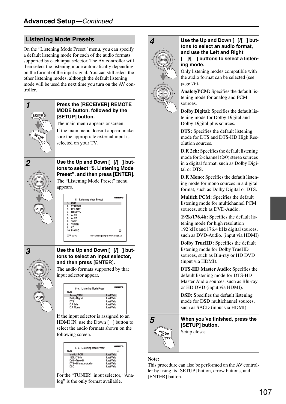 Listening mode presets, Advanced setup —continued | Onkyo PR-SC886 User Manual | Page 107 / 134