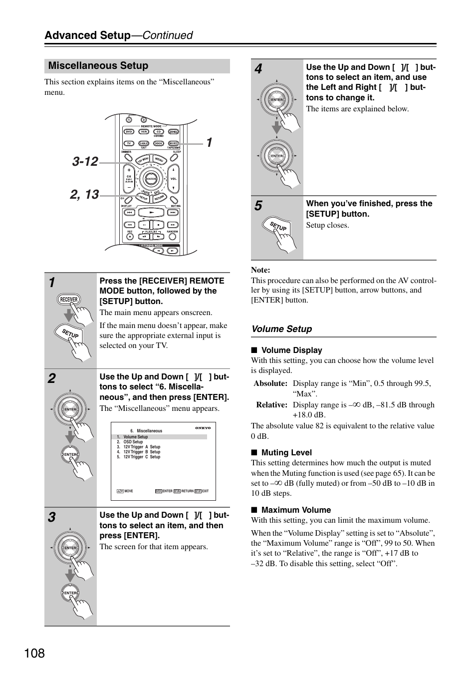 Miscellaneous setup, Advanced setup —continued | Onkyo PR-SC886 User Manual | Page 108 / 134