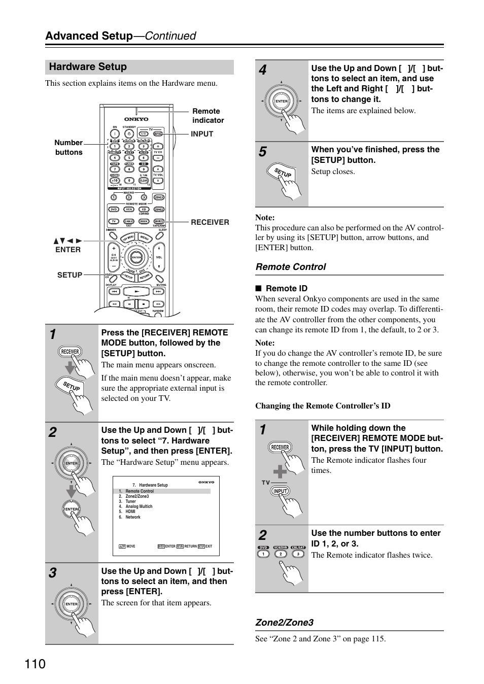 Hardware setup, Advanced setup —continued | Onkyo PR-SC886 User Manual | Page 110 / 134