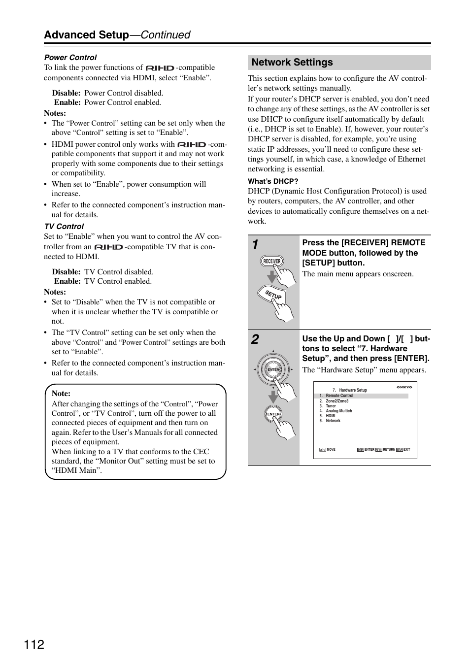 Network settings, Advanced setup —continued | Onkyo PR-SC886 User Manual | Page 112 / 134