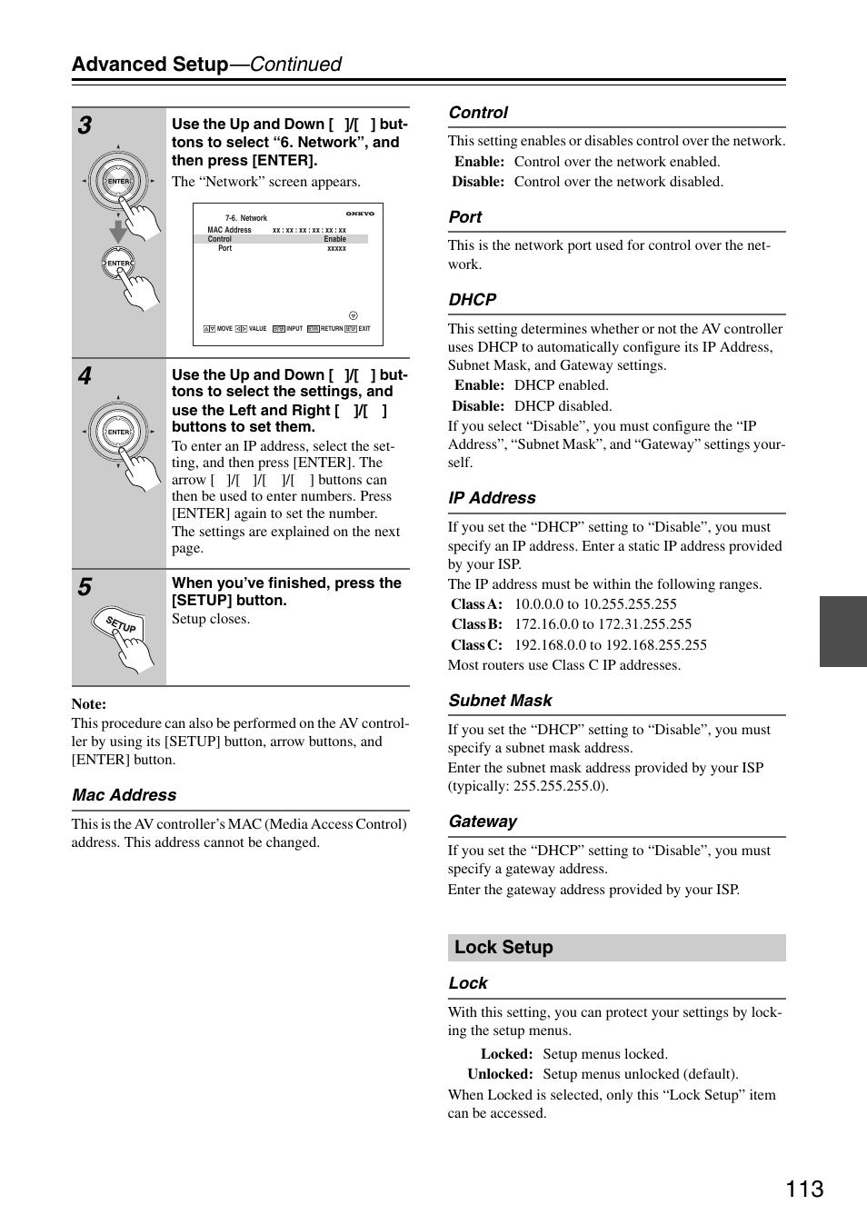 Lock setup, Advanced setup —continued | Onkyo PR-SC886 User Manual | Page 113 / 134