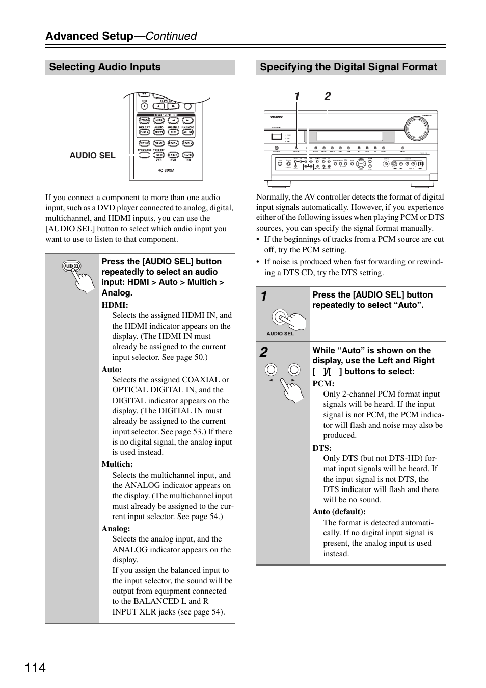 Selecting audio inputs, Specifying the digital signal format, Advanced setup —continued | Onkyo PR-SC886 User Manual | Page 114 / 134