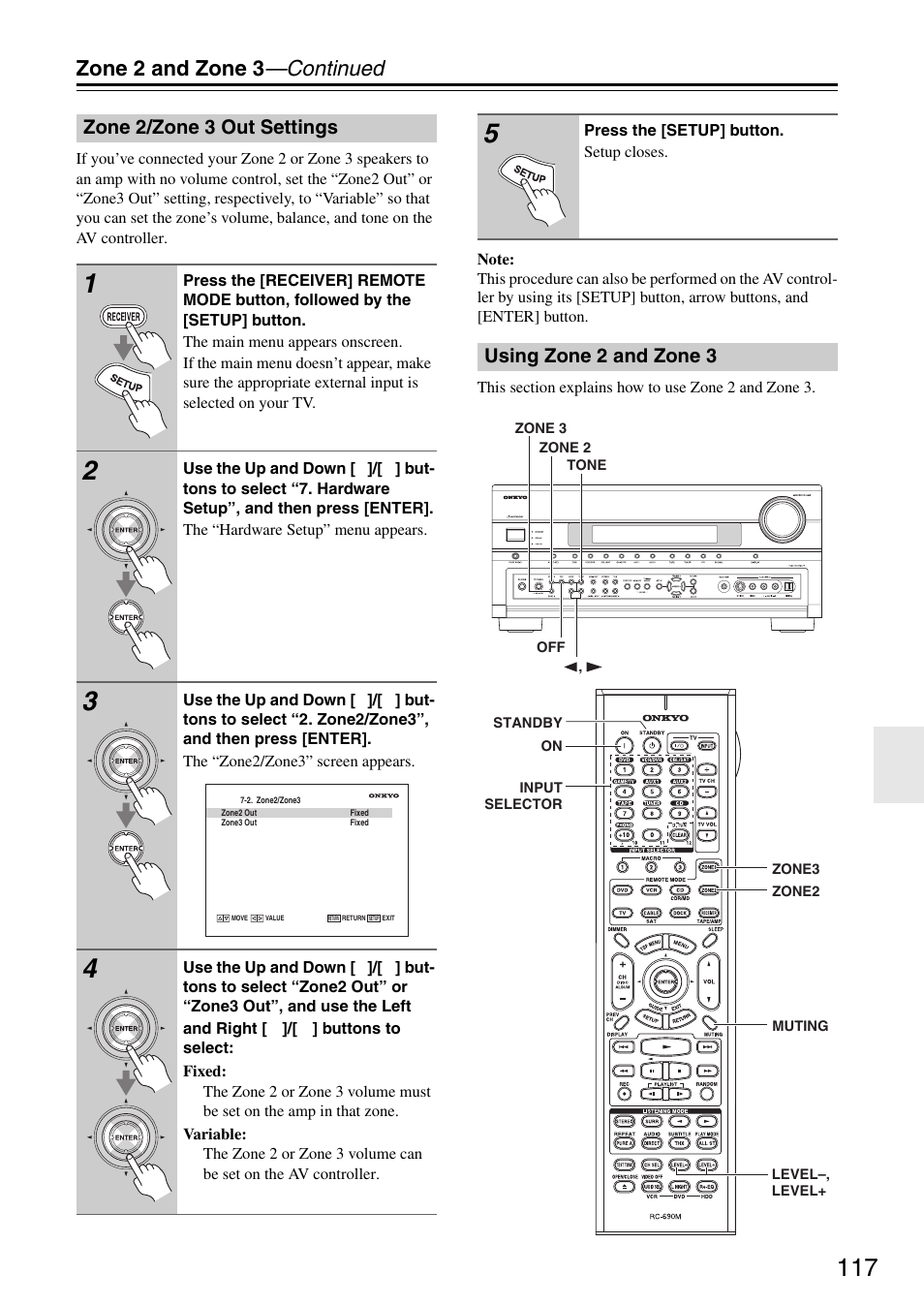 Zone 2/zone 3 out settings, Using zone 2 and zone 3, Zone 2/zone 3 out settings using zone 2 and zone 3 | Zone 2 and zone 3 —continued | Onkyo PR-SC886 User Manual | Page 117 / 134