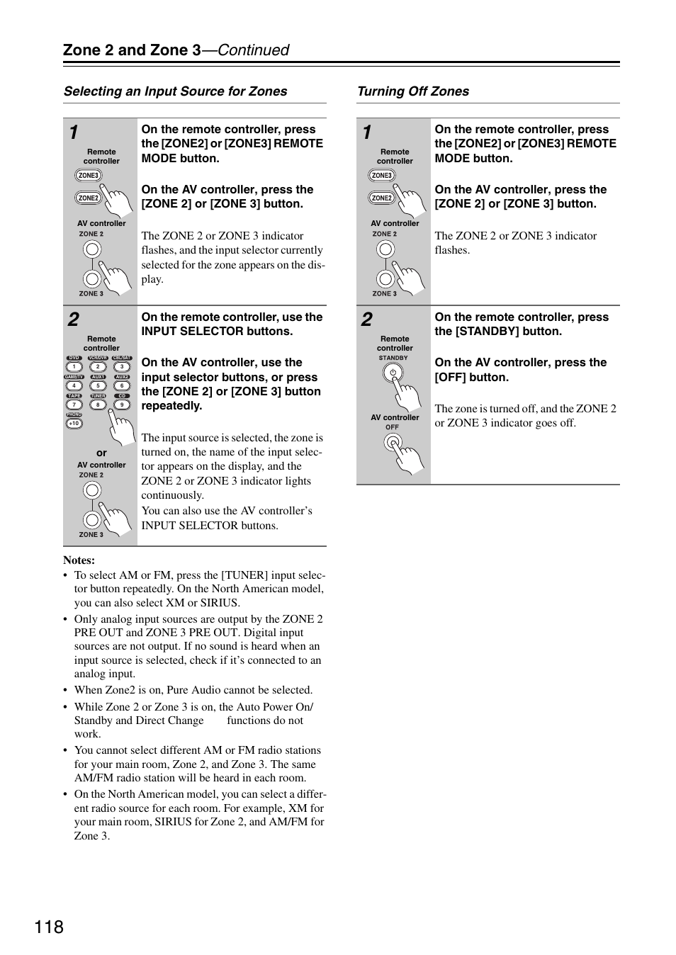 Ttons (118), Zone 2 and zone 3 —continued, Selecting an input source for zones | Turning off zones | Onkyo PR-SC886 User Manual | Page 118 / 134