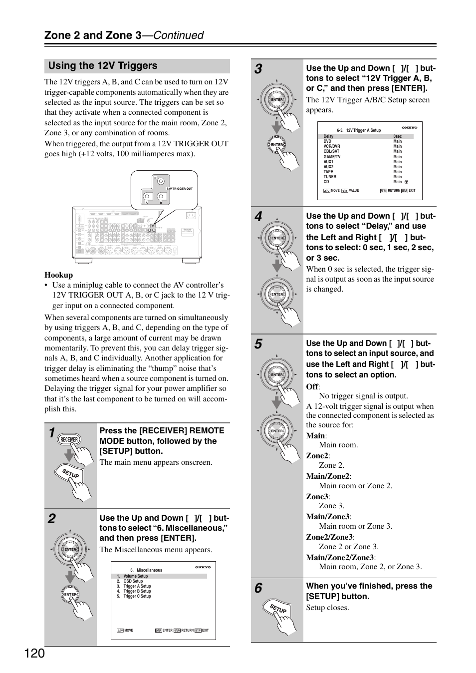 Using the 12v triggers, Zone 2 and zone 3 —continued | Onkyo PR-SC886 User Manual | Page 120 / 134