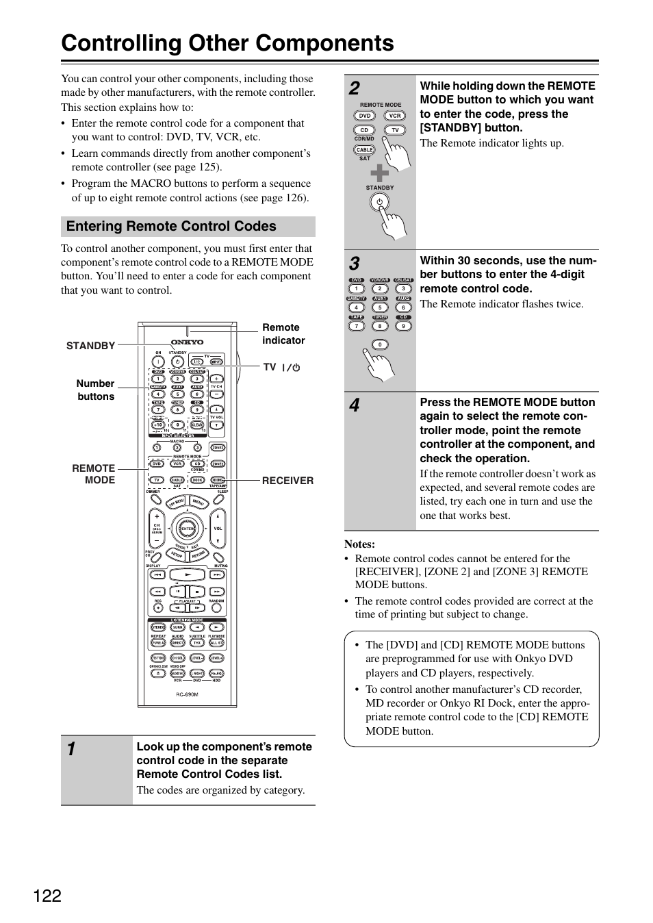 Controlling other components, Entering remote control codes | Onkyo PR-SC886 User Manual | Page 122 / 134