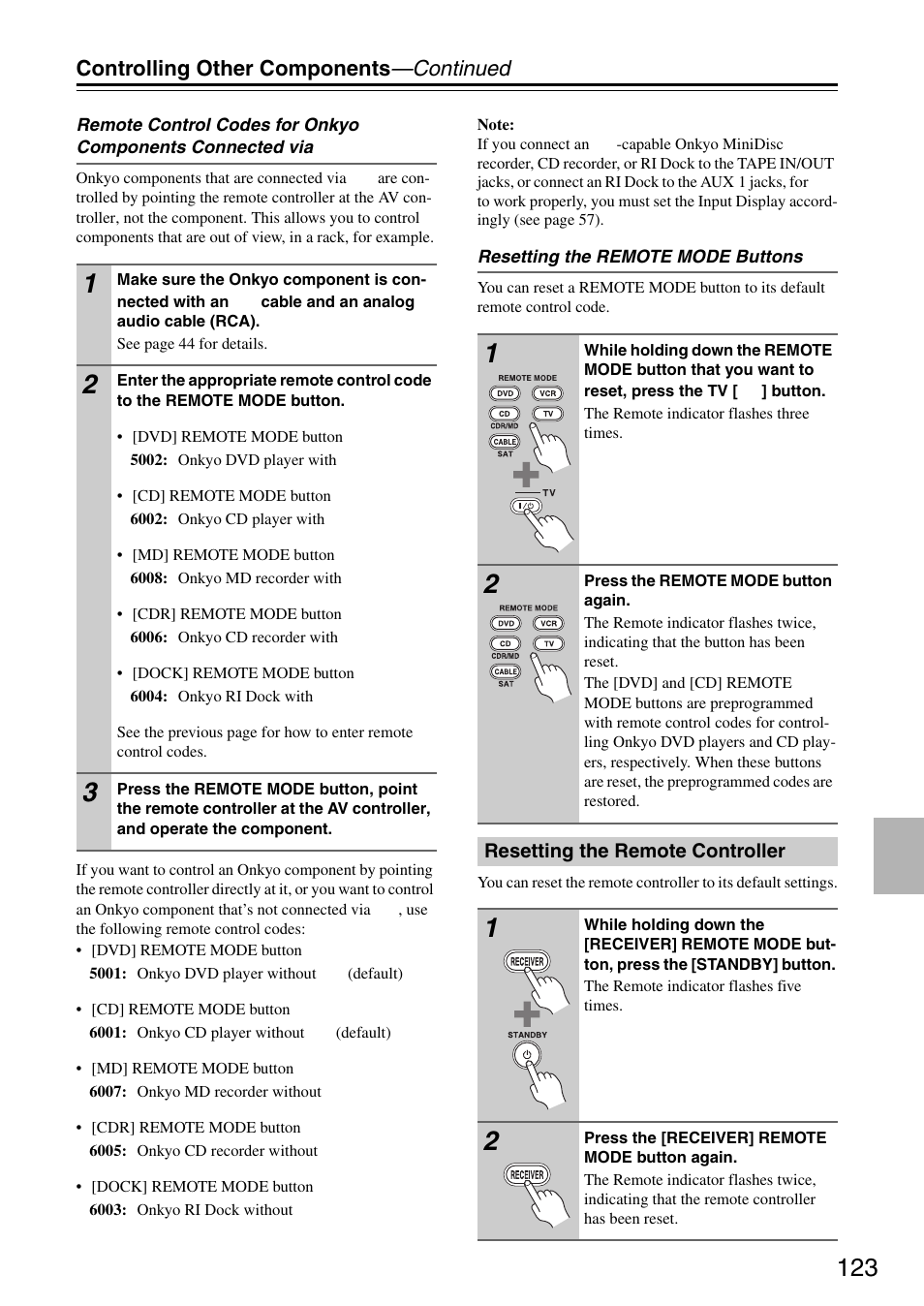 Resetting the remote controller, Controlling other components —continued | Onkyo PR-SC886 User Manual | Page 123 / 134