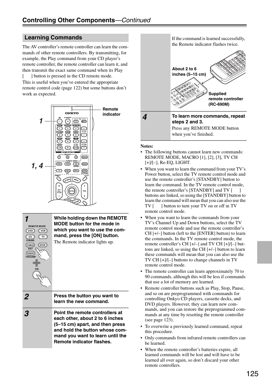 Learning commands, Controlling other components —continued, Press the button you want to learn the new command | Remote indicator | Onkyo PR-SC886 User Manual | Page 125 / 134