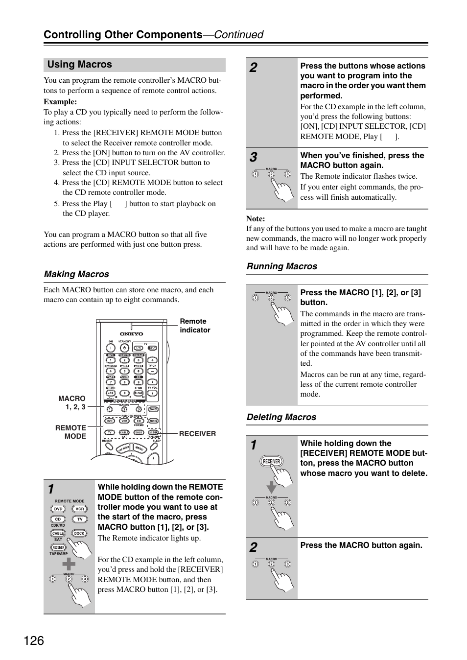 Using macros, Ttons (126), Controlling other components —continued | Onkyo PR-SC886 User Manual | Page 126 / 134