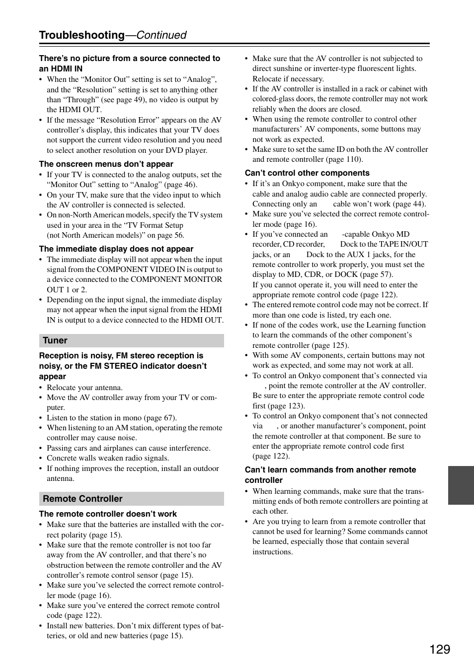 Troubleshooting —continued | Onkyo PR-SC886 User Manual | Page 129 / 134