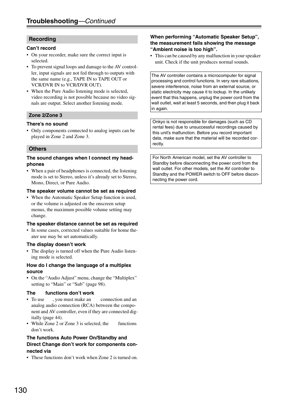 Troubleshooting —continued | Onkyo PR-SC886 User Manual | Page 130 / 134