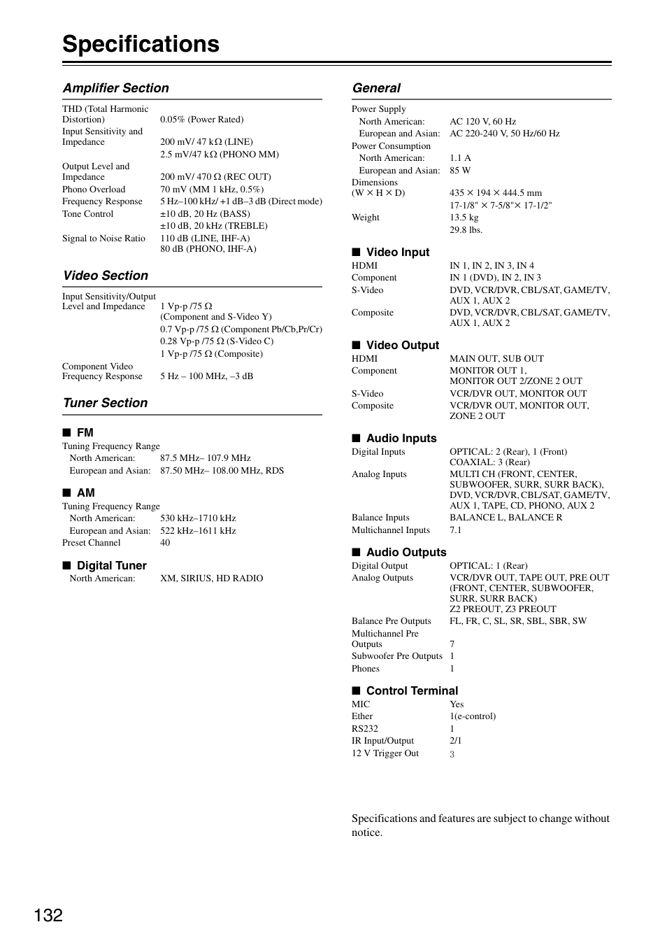 Specifications, General | Onkyo PR-SC886 User Manual | Page 132 / 134