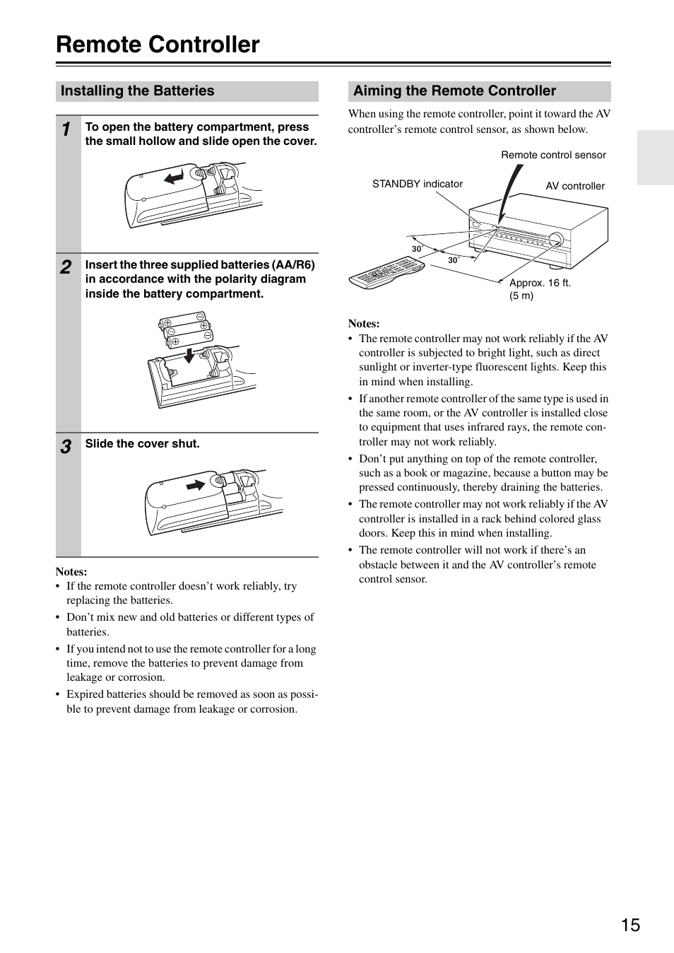 Remote controller, Installing the batteries, Aiming the remote controller | Onkyo PR-SC886 User Manual | Page 15 / 134