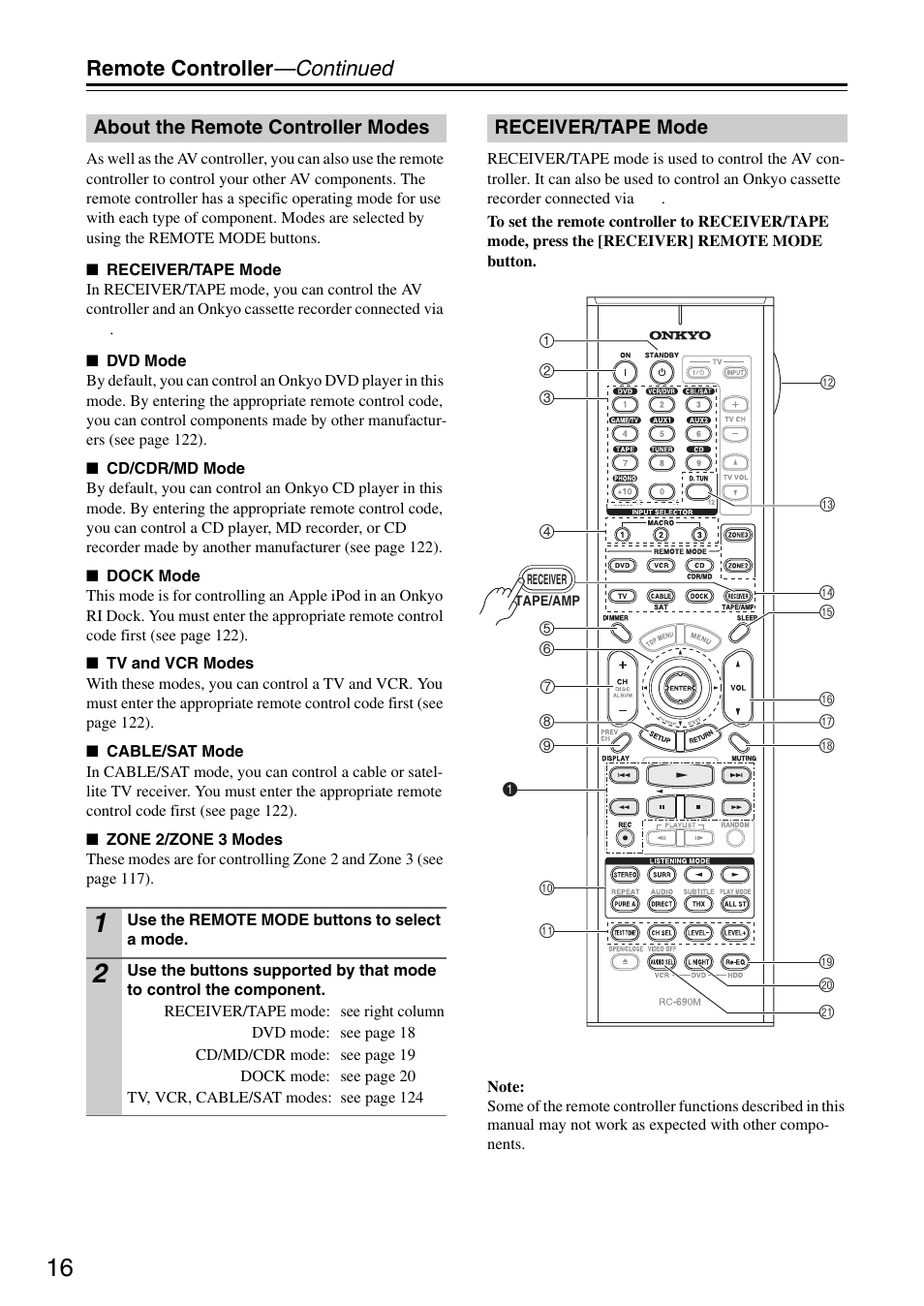 About the remote controller modes, Receiver/tape mode | Onkyo PR-SC886 User Manual | Page 16 / 134