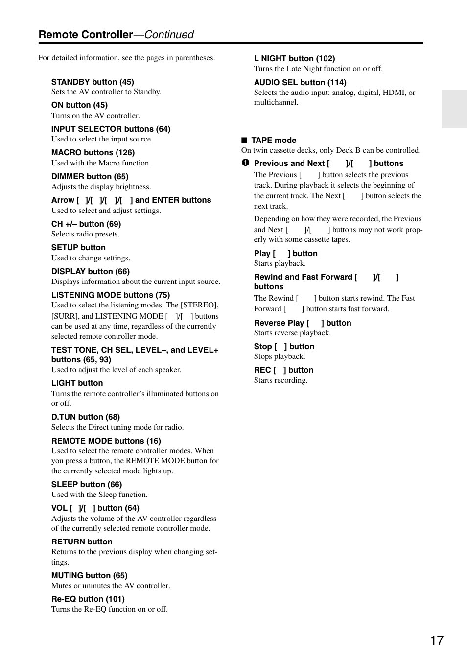 Remote controller —continued | Onkyo PR-SC886 User Manual | Page 17 / 134