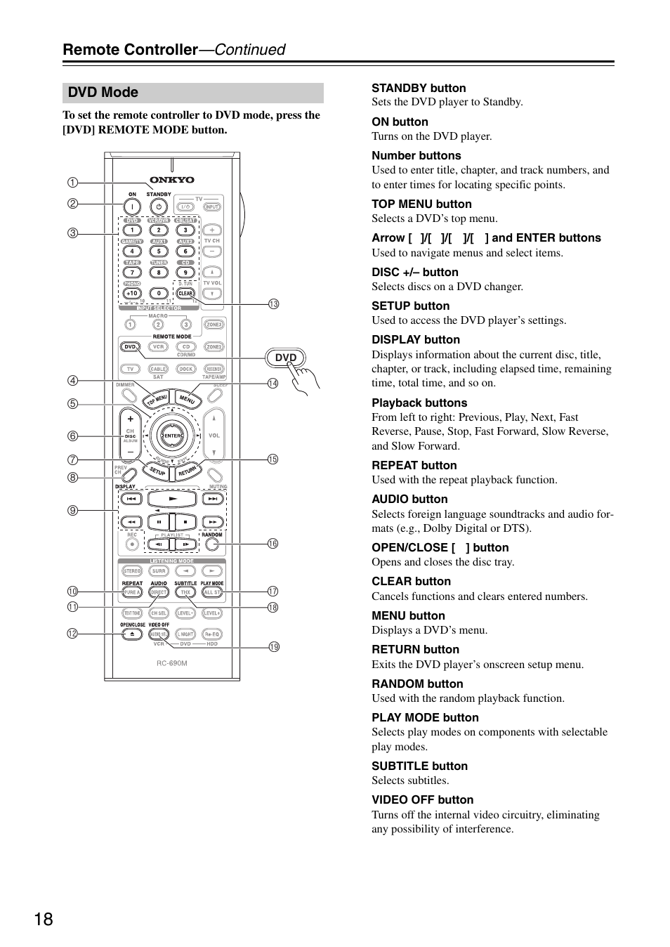 Dvd mode, Remote controller —continued | Onkyo PR-SC886 User Manual | Page 18 / 134