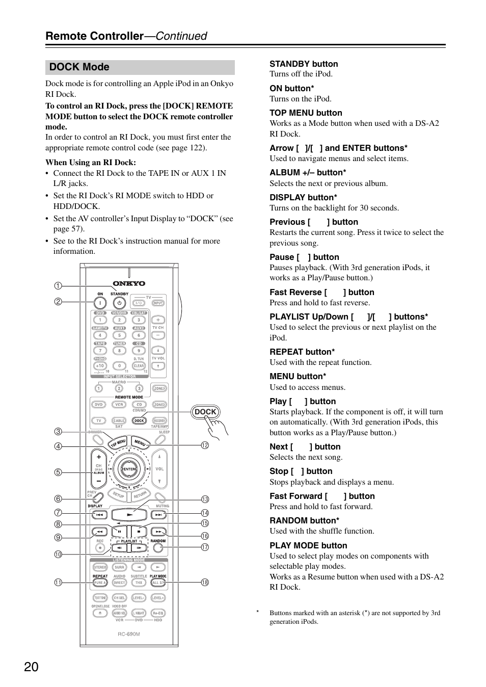 Dock mode, Remote controller —continued | Onkyo PR-SC886 User Manual | Page 20 / 134