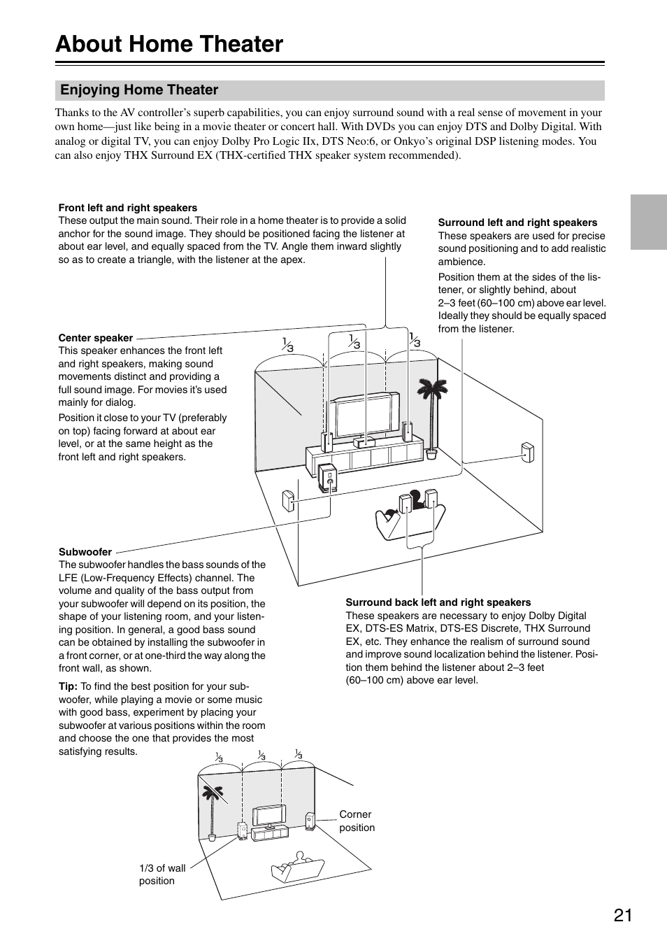 About home theater, Enjoying home theater, Connection | Onkyo PR-SC886 User Manual | Page 21 / 134