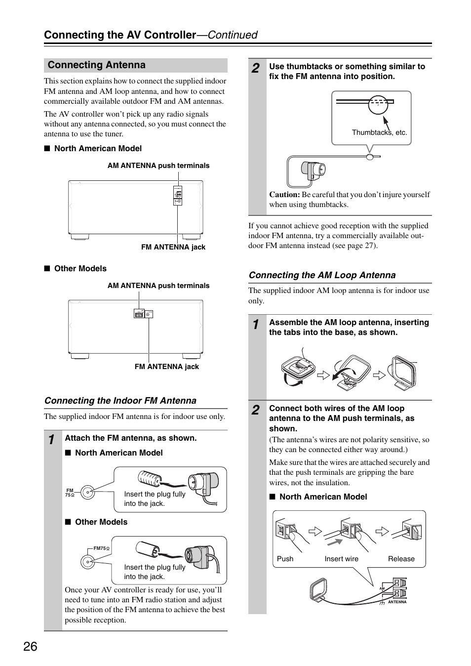 Connecting antenna, Connecting the av controller —continued | Onkyo PR-SC886 User Manual | Page 26 / 134