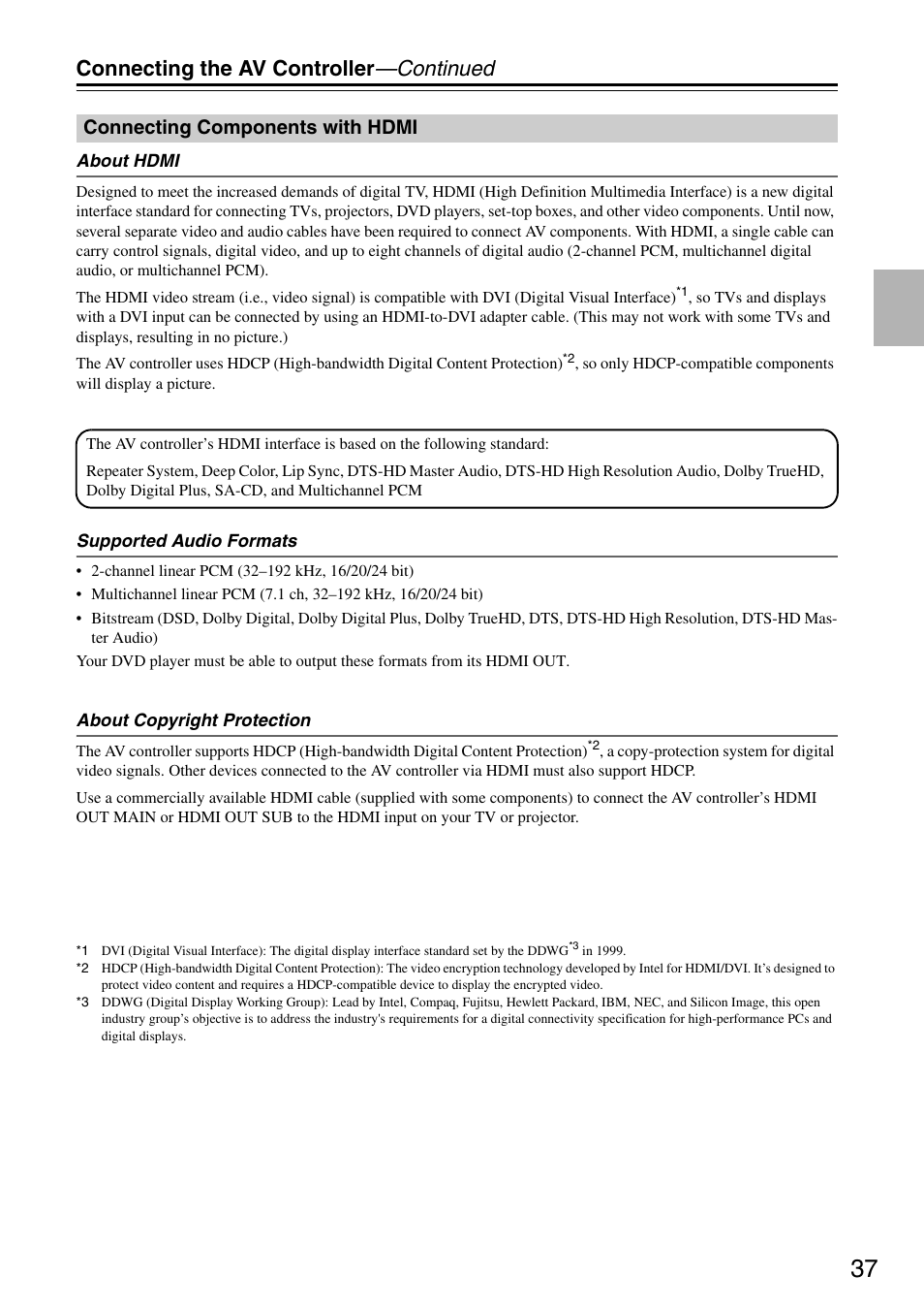 Connecting components with hdmi, Connecting the av controller —continued | Onkyo PR-SC886 User Manual | Page 37 / 134