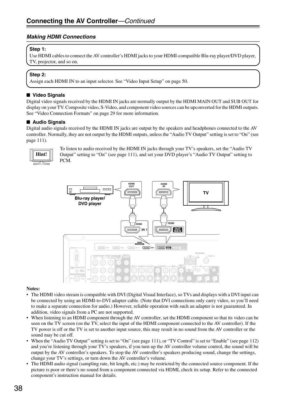 Connecting the av controller —continued | Onkyo PR-SC886 User Manual | Page 38 / 134