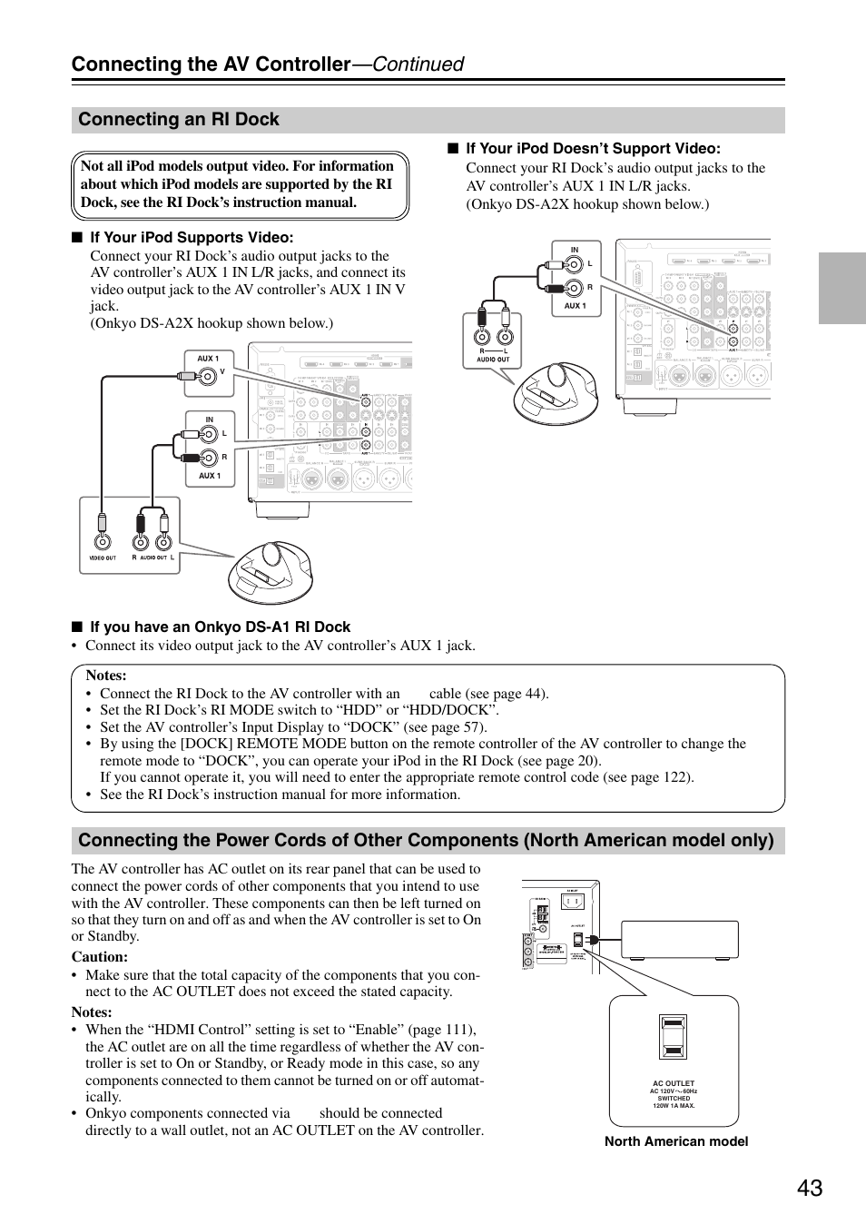 Connecting an ri dock, North american model only), Connecting the av controller —continued | Onkyo PR-SC886 User Manual | Page 43 / 134