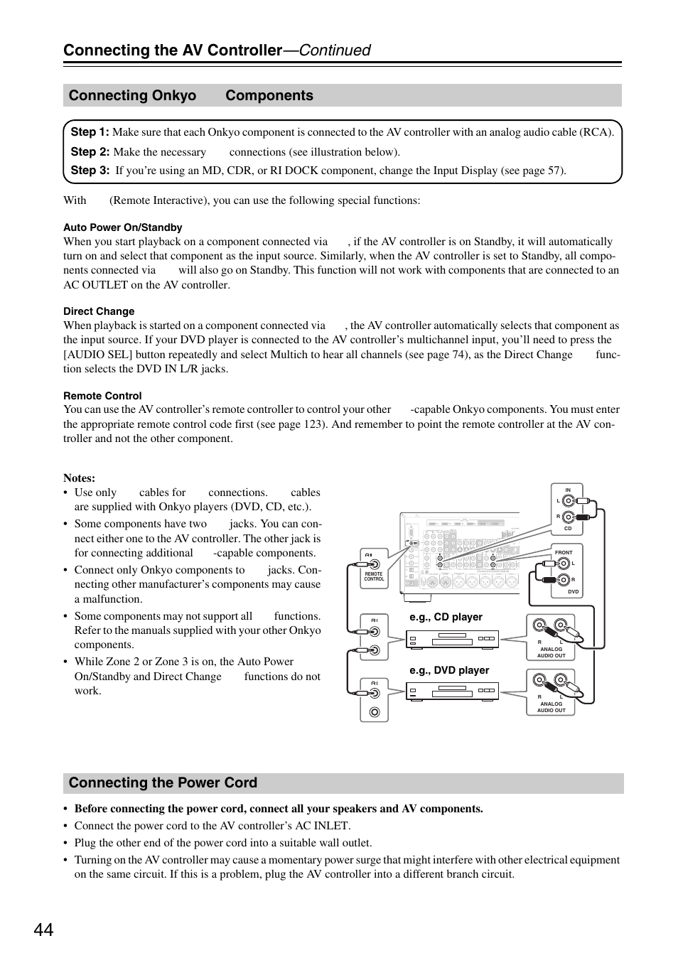 Connecting onkyo ri components, Connecting the power cord, Connecting onkyo | Connecting the av controller —continued, Connecting onkyo components | Onkyo PR-SC886 User Manual | Page 44 / 134