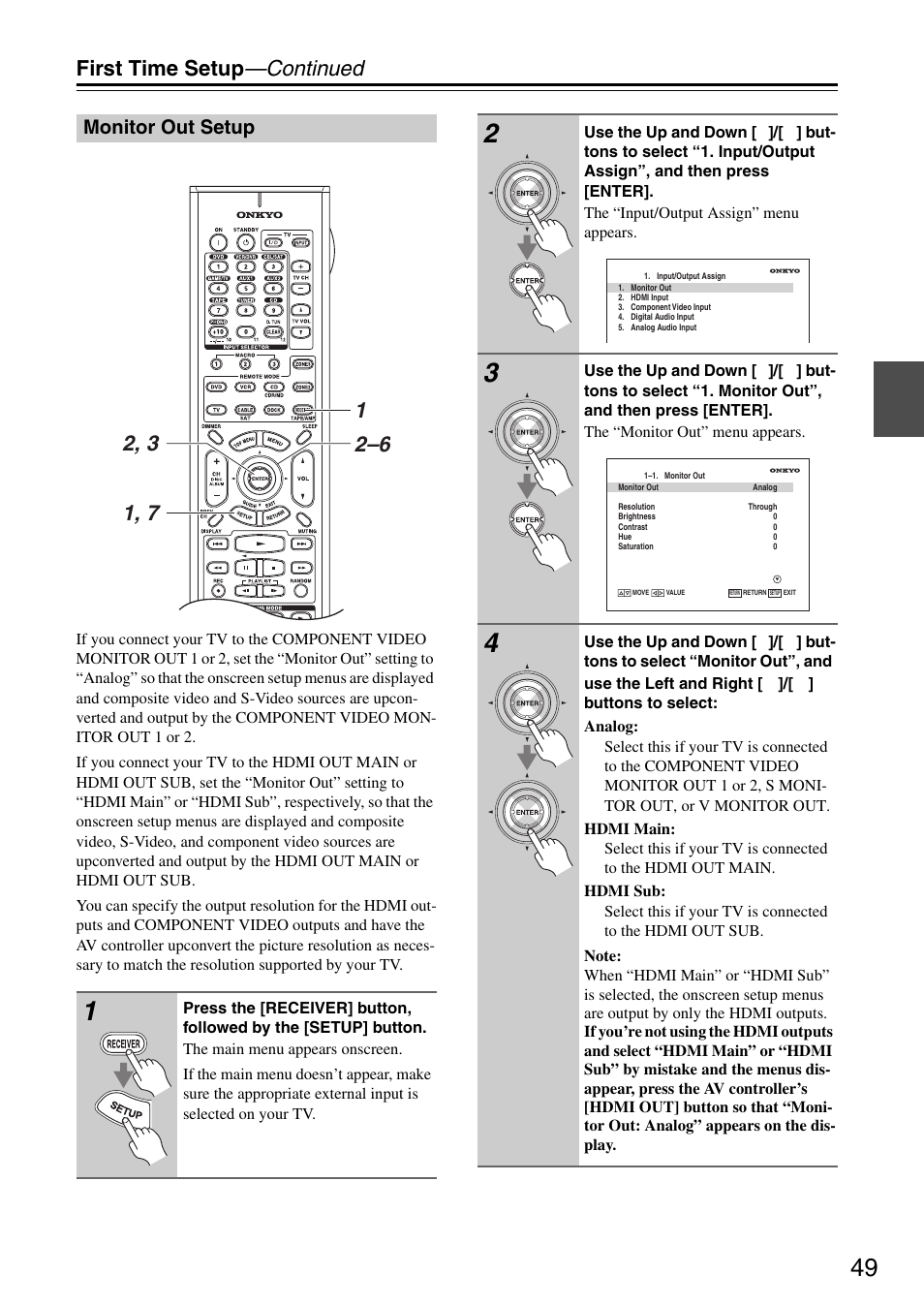 Monitor out setup, P. 49, First time setup —continued | Onkyo PR-SC886 User Manual | Page 49 / 134