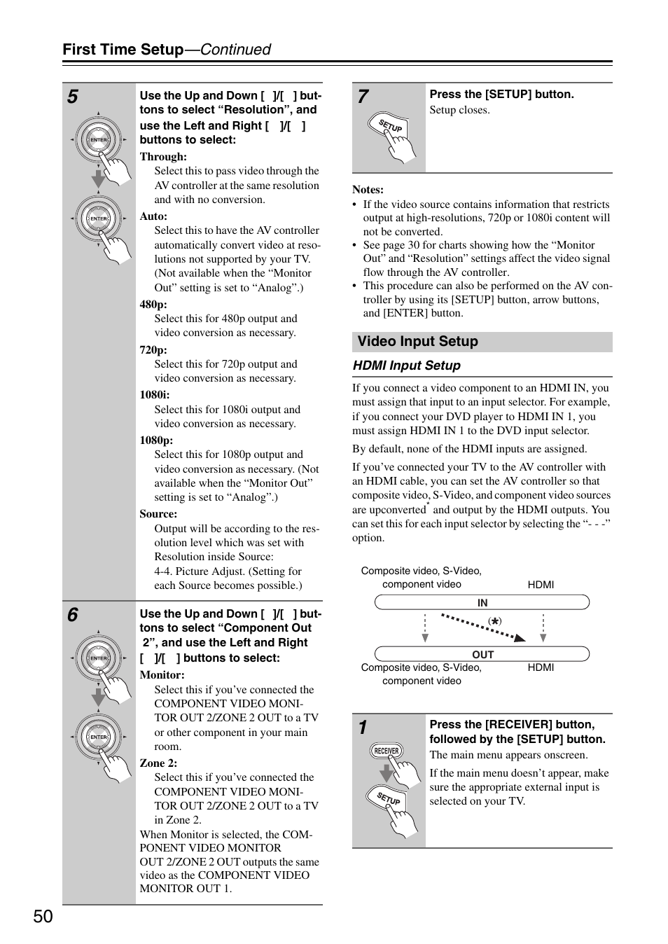 Video input setup, First time setup —continued | Onkyo PR-SC886 User Manual | Page 50 / 134