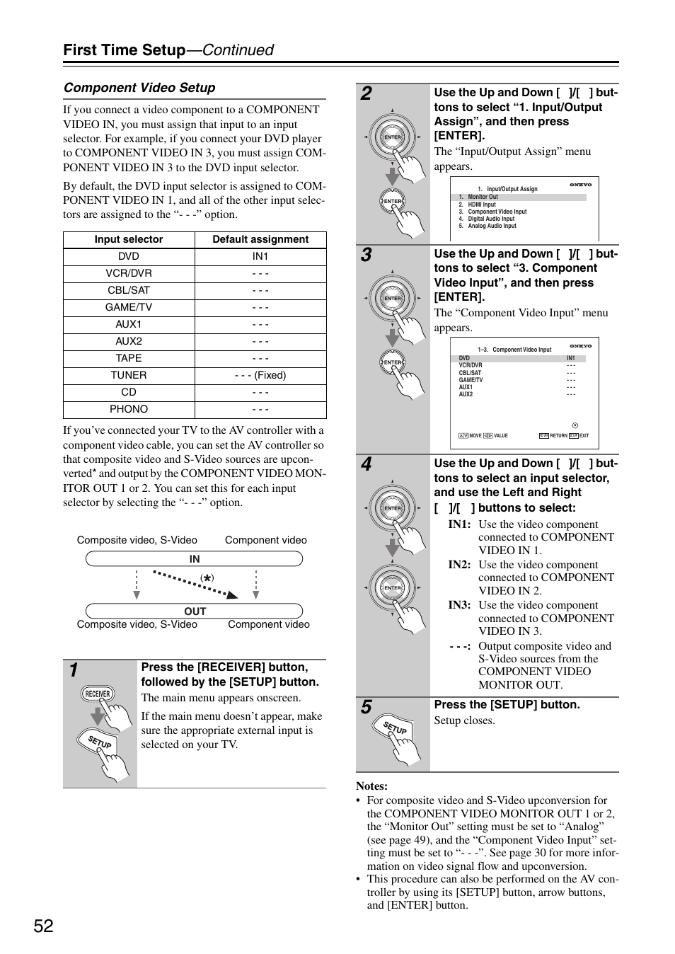 First time setup —continued, Component video setup | Onkyo PR-SC886 User Manual | Page 52 / 134