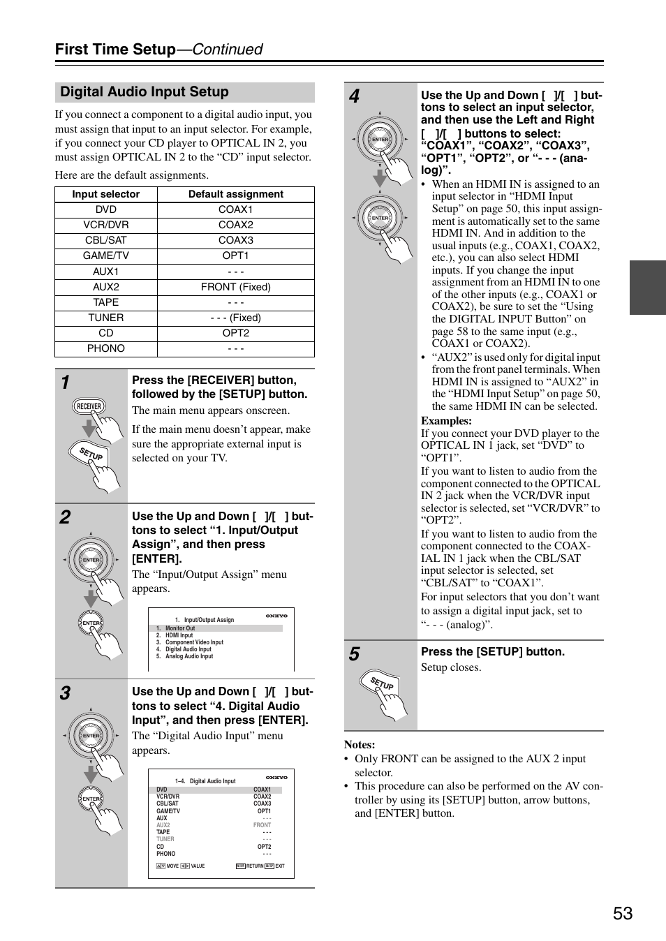 Digital audio input setup, First time setup —continued | Onkyo PR-SC886 User Manual | Page 53 / 134