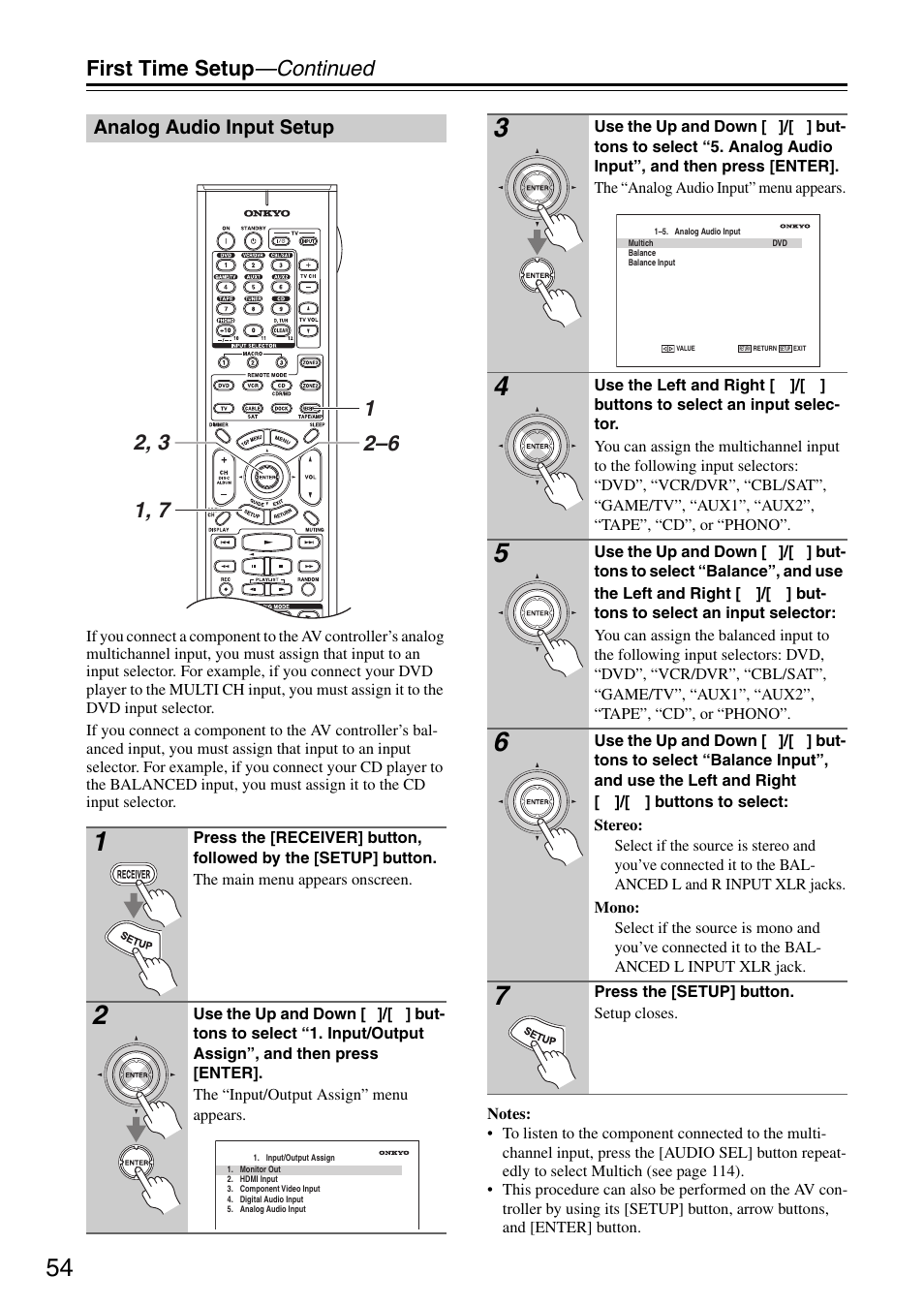 Analog audio input setup, P. 54, First time setup —continued | Onkyo PR-SC886 User Manual | Page 54 / 134