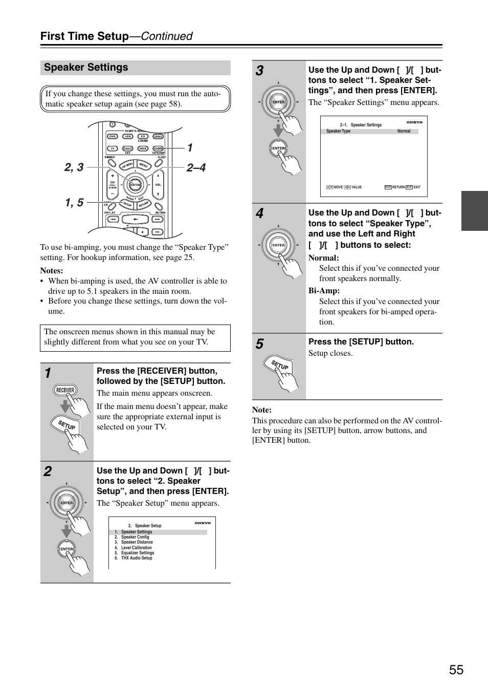 Speaker settings, P. 55, First time setup —continued | Onkyo PR-SC886 User Manual | Page 55 / 134