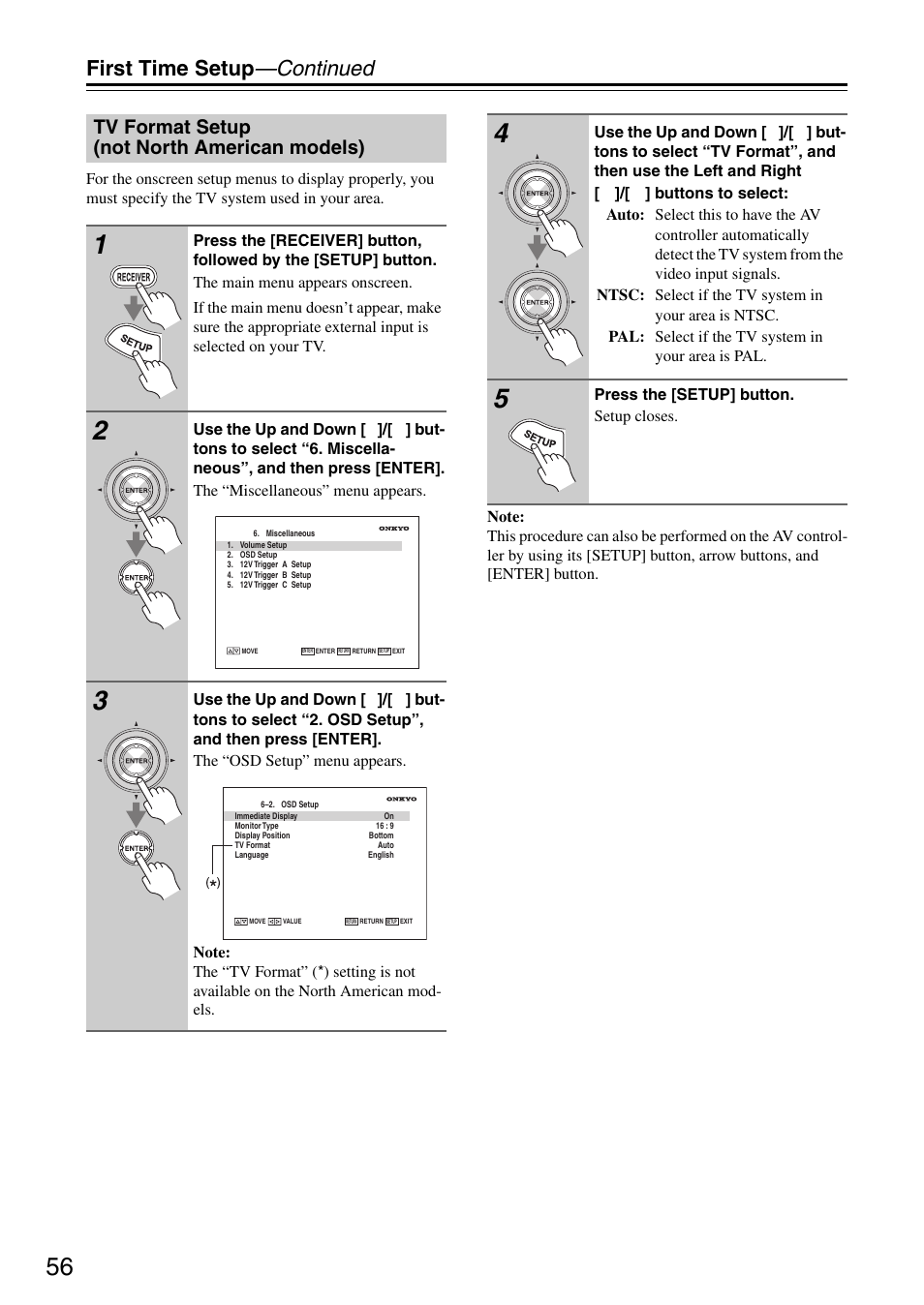 Tv format setup (not north american models), P. 56, First time setup —continued | Onkyo PR-SC886 User Manual | Page 56 / 134