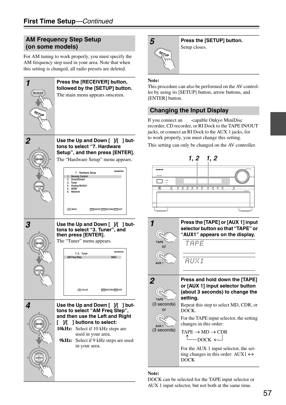 Am frequency step setup (on some models), Changing the input display, P. 57 | First time setup —continued | Onkyo PR-SC886 User Manual | Page 57 / 134