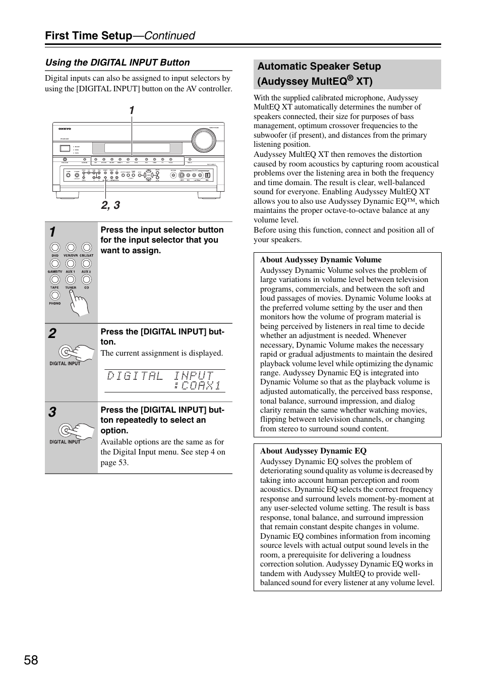 Automatic speaker setup (audyssey multeq(r) xt), Automatic speaker setup (audyssey multeq® xt) | Onkyo PR-SC886 User Manual | Page 58 / 134