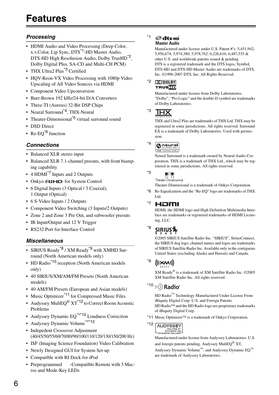 Features | Onkyo PR-SC886 User Manual | Page 6 / 134