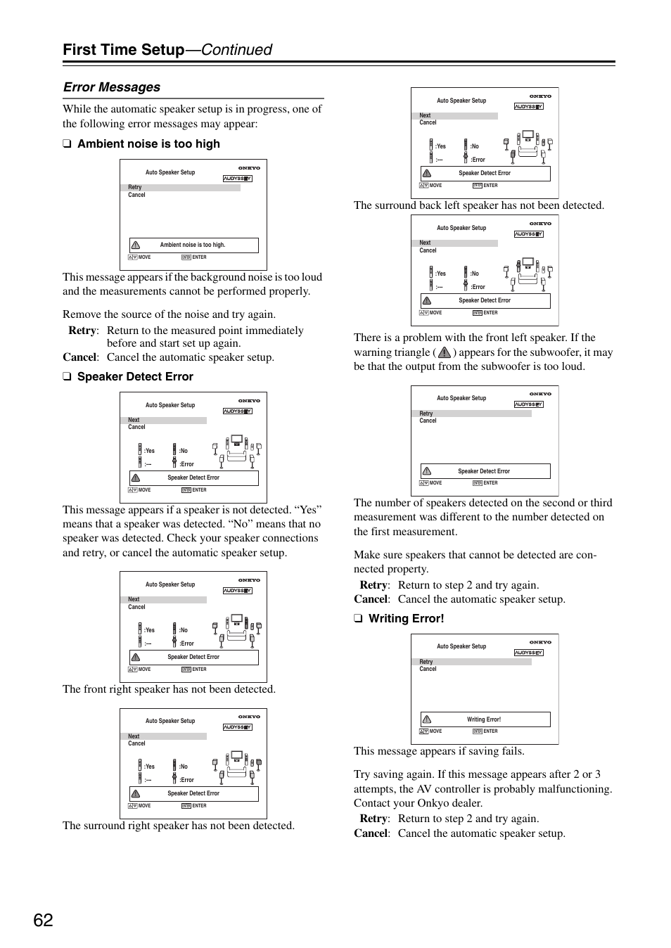 First time setup —continued, Error messages | Onkyo PR-SC886 User Manual | Page 62 / 134